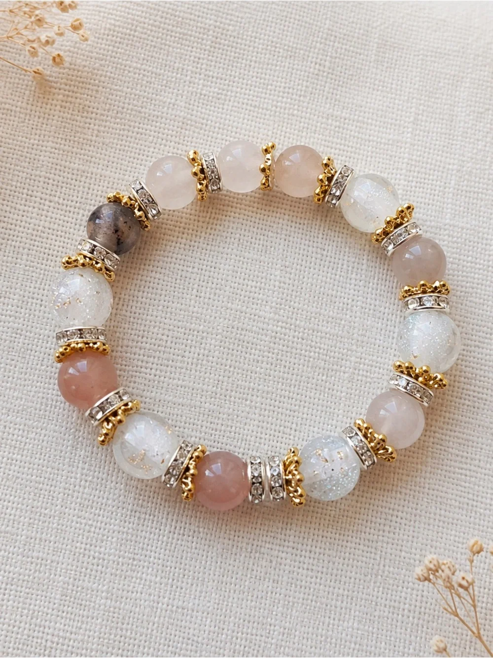 Gold-Accent Rose Quartz & White Crystal Beaded Bracelet